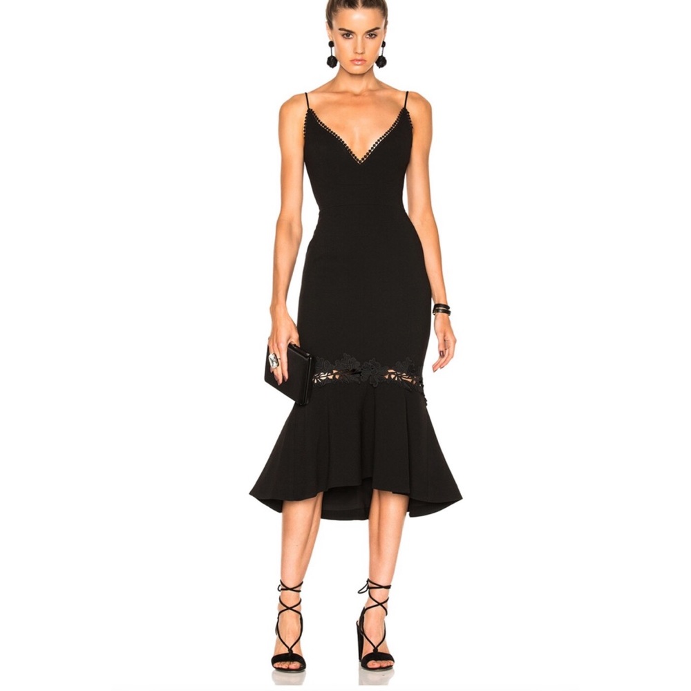 Nicholas Woman Crepe Fitted Panel Spaghetti Strap Cocktail Midi Dress 0